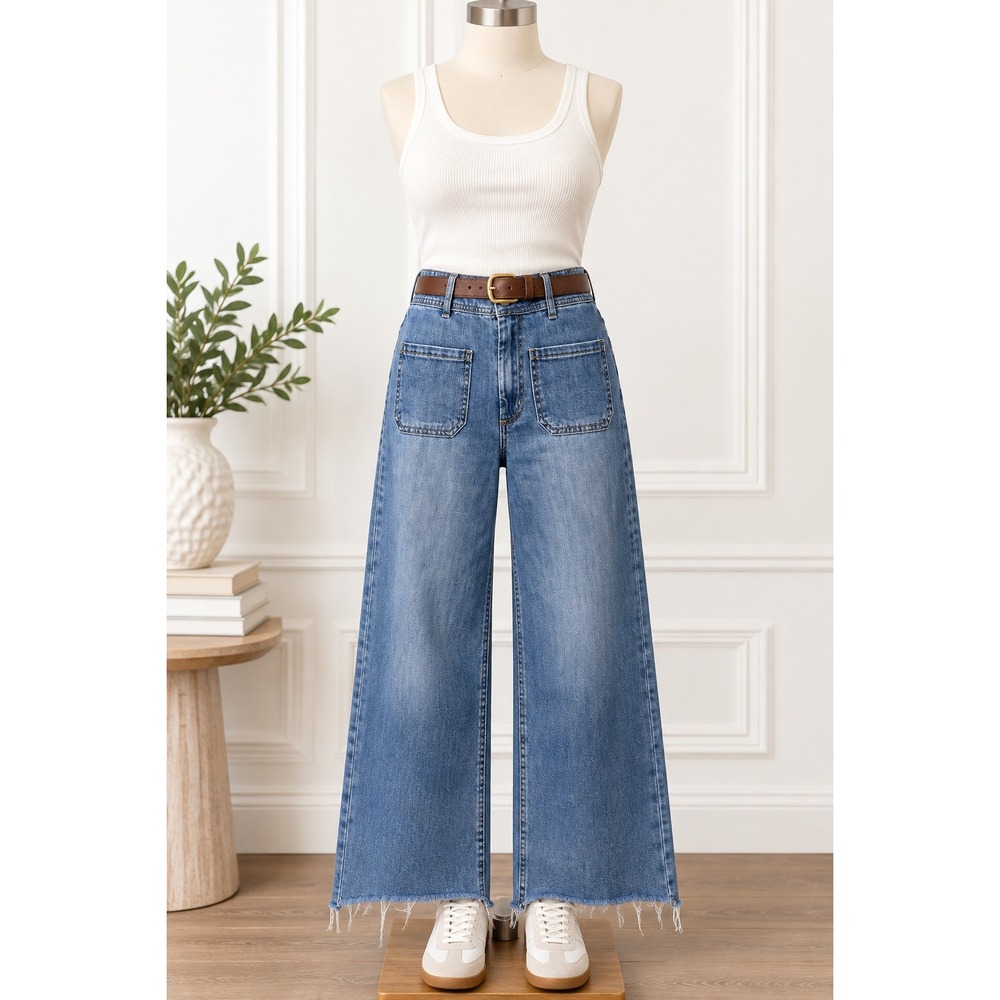 OAT New York Cloud Luxe Wide Leg Raw Hem Patch Pocket Jeans Medium Wash 8/29